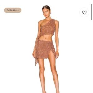 Retrofete x Revolve Quinn Crop Top and Ezra Skirt in Bronze.
